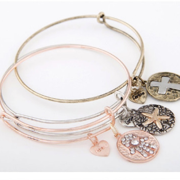 Gold Starfish Sand Dollar Silver Bangle Bracelet - Picture 4 of 6